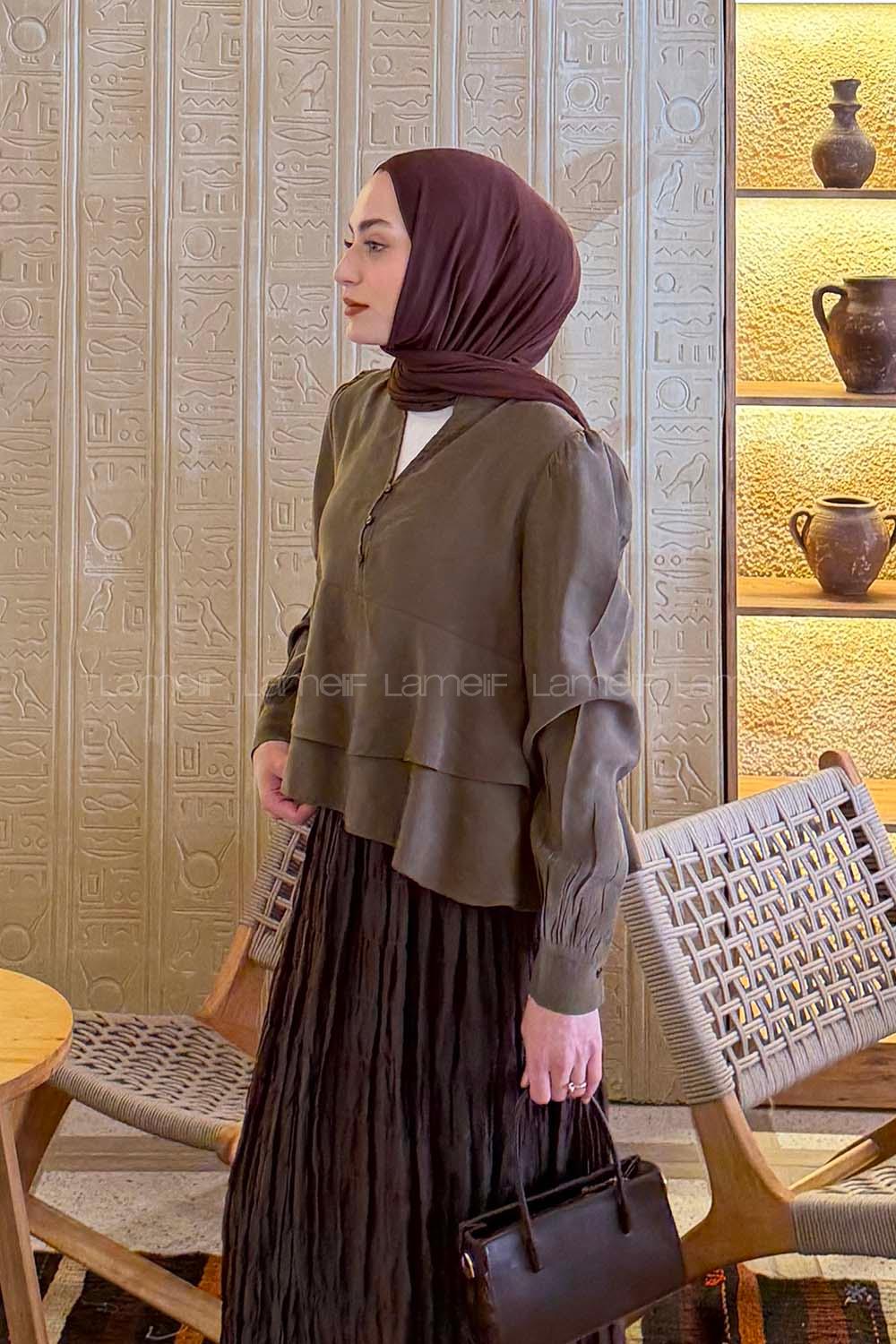 Lamelif Fırfırlı Bluz Haki