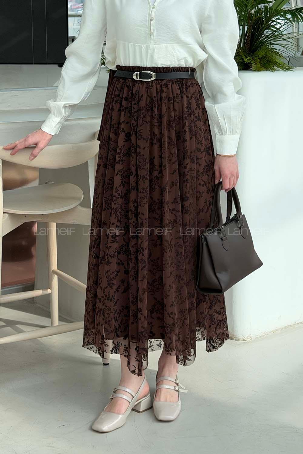 Lamelif Floklu Etek Acı Kahve