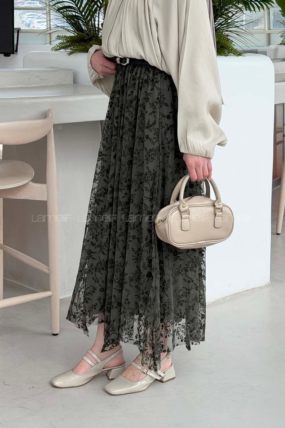 Lamelif Floklu Etek Haki