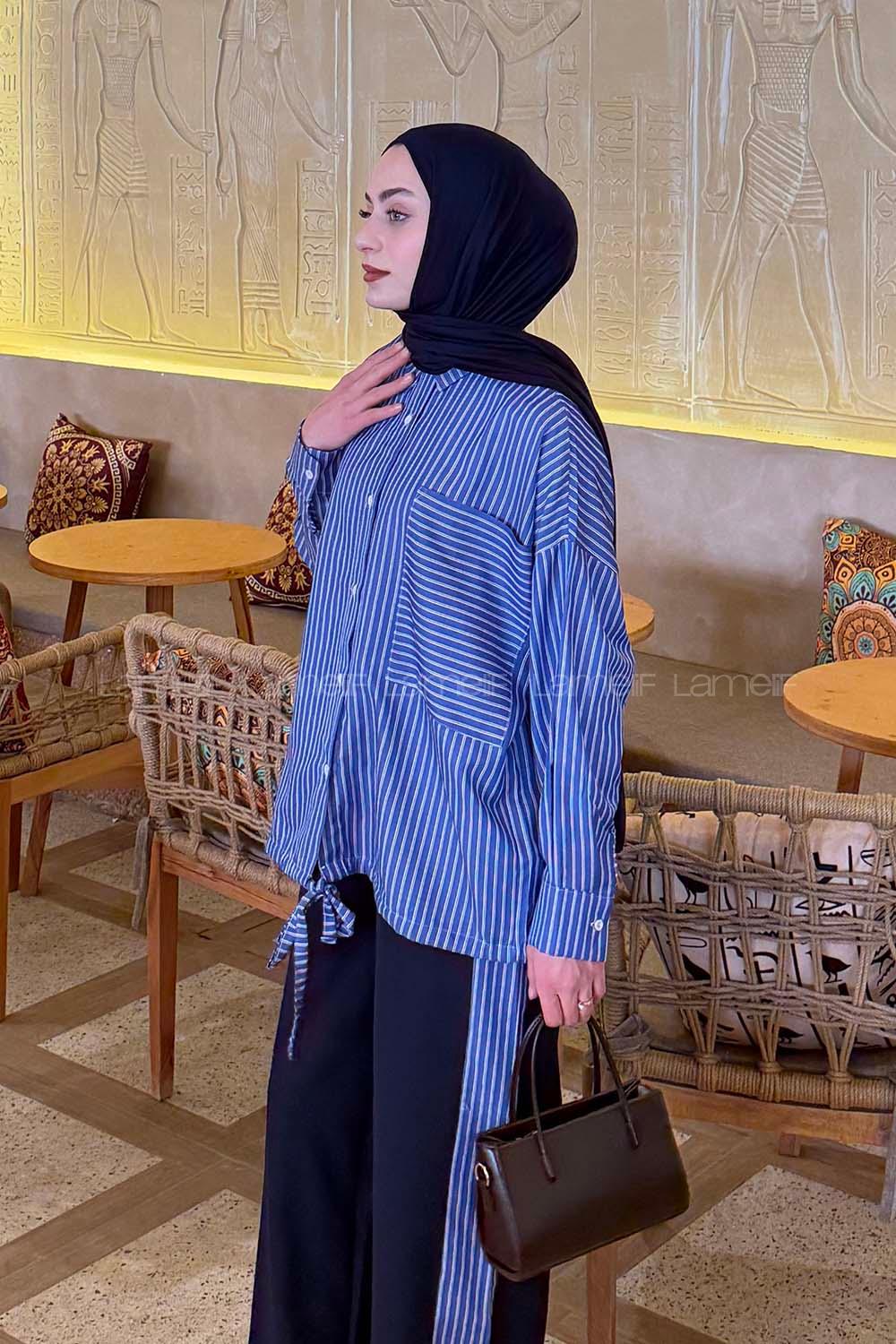 Lamelif Garnili Çizgili Pantolonlu Takım Lacivert