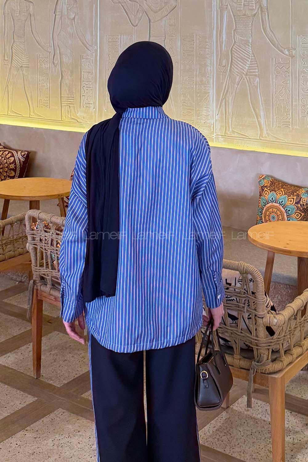 Lamelif Garnili Çizgili Pantolonlu Takım Lacivert