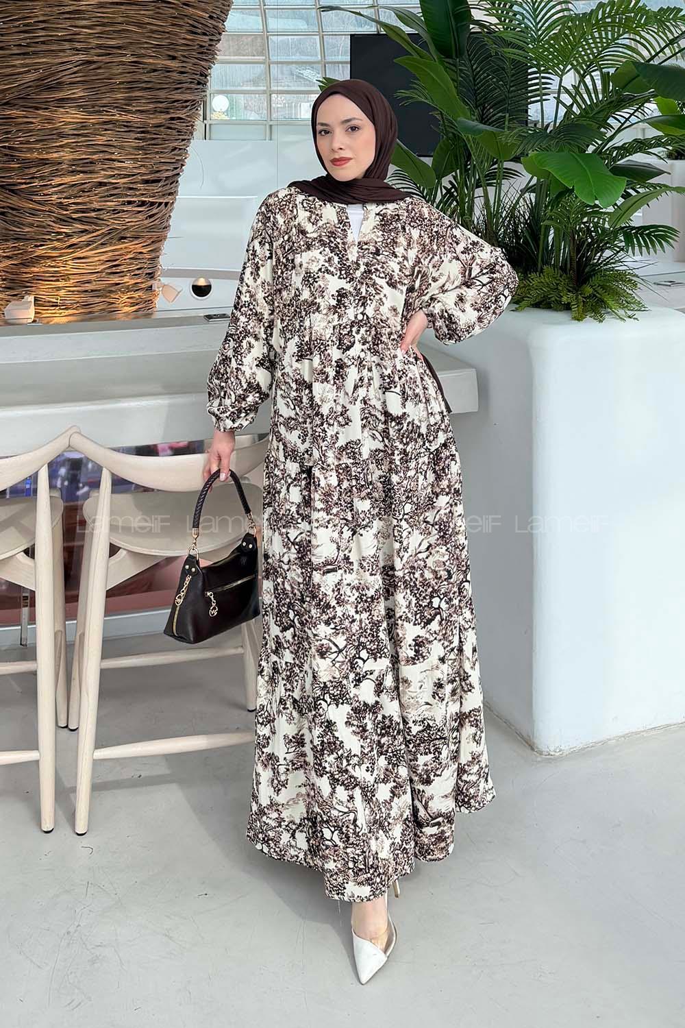 Lamelif Katleya Model Elbise Kahverengi