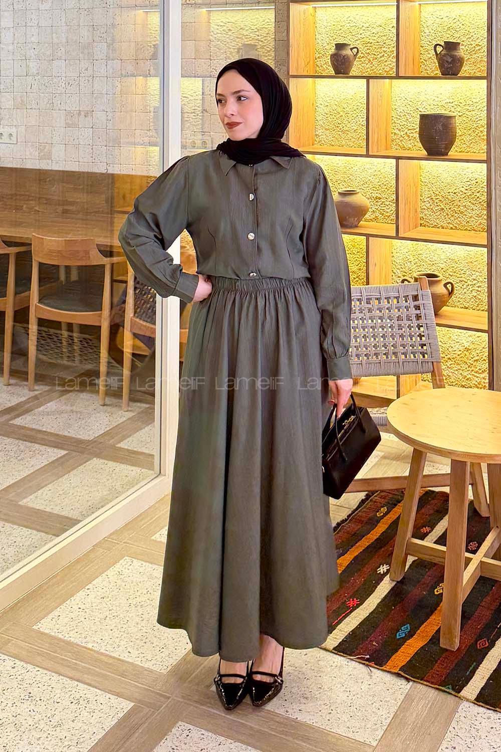 Lamelif Kemer Detaylı Etekli Takım Haki