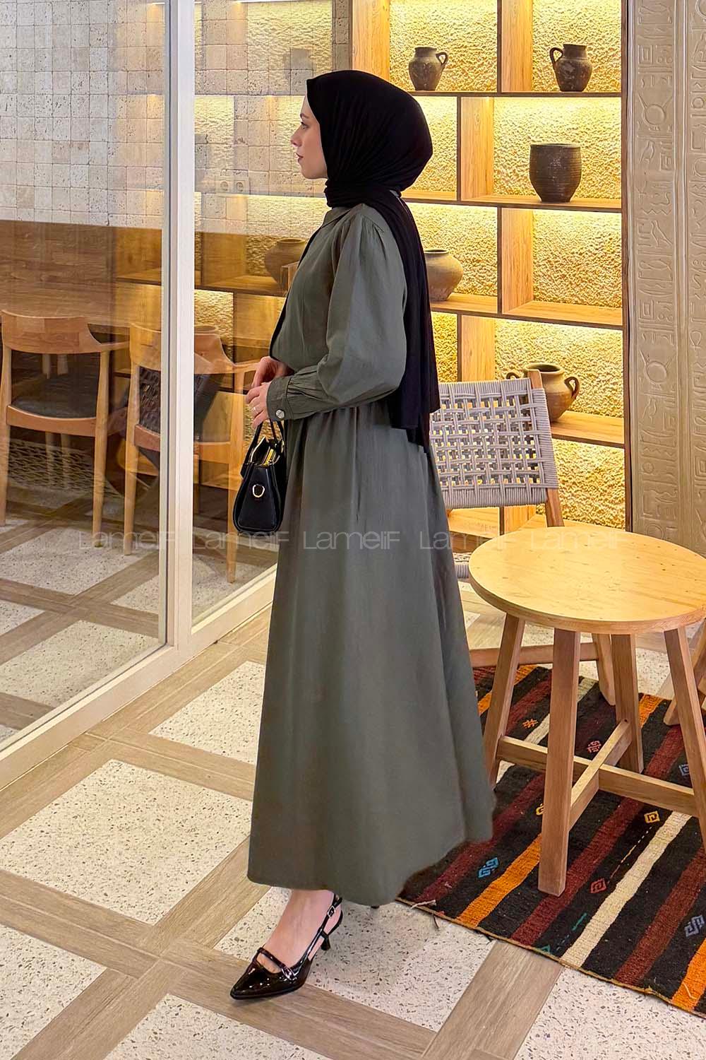 Lamelif Kemer Detaylı Etekli Takım Haki