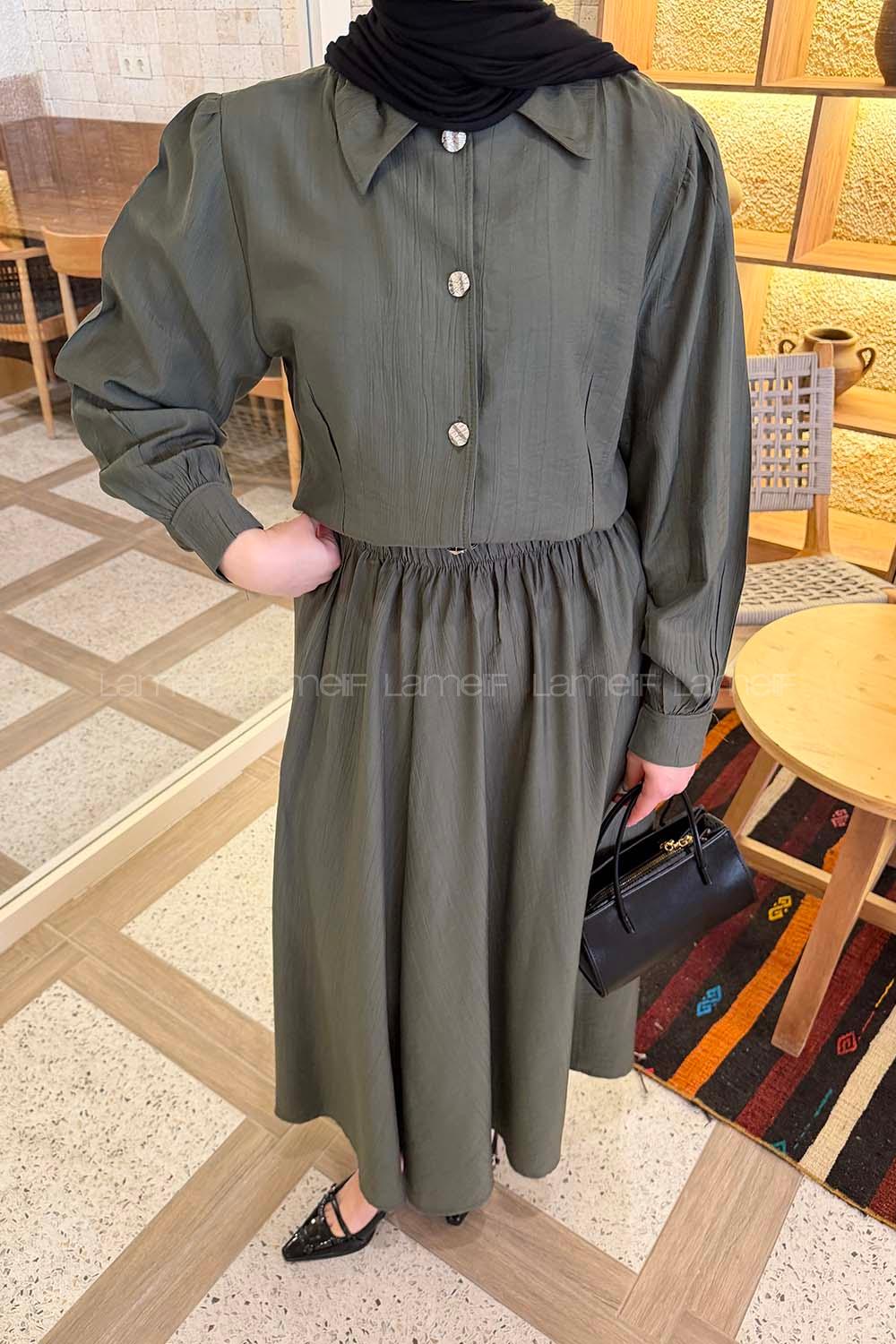 Lamelif Kemer Detaylı Etekli Takım Haki