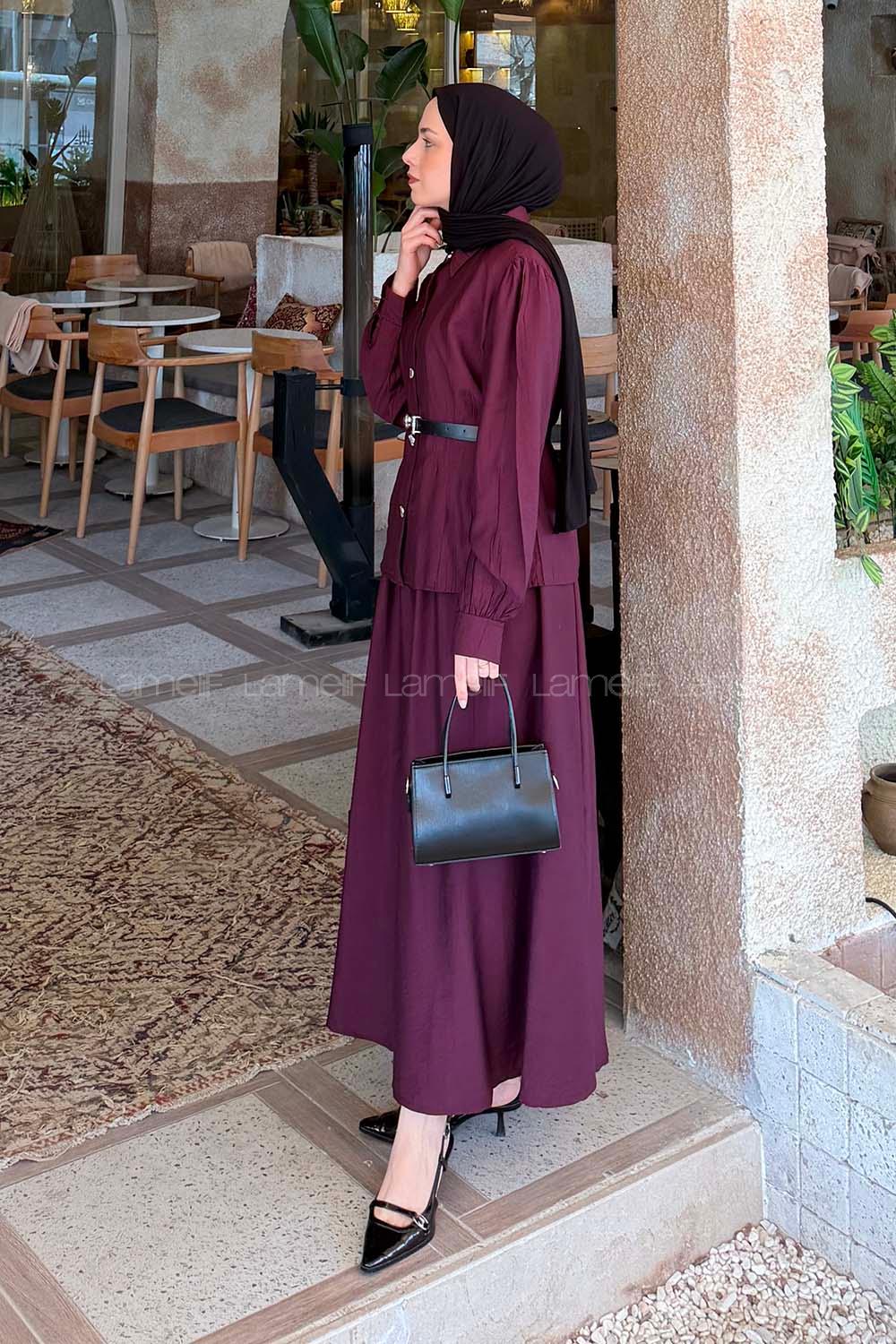 Lamelif Kemer Detaylı Etekli Takım Mürdüm