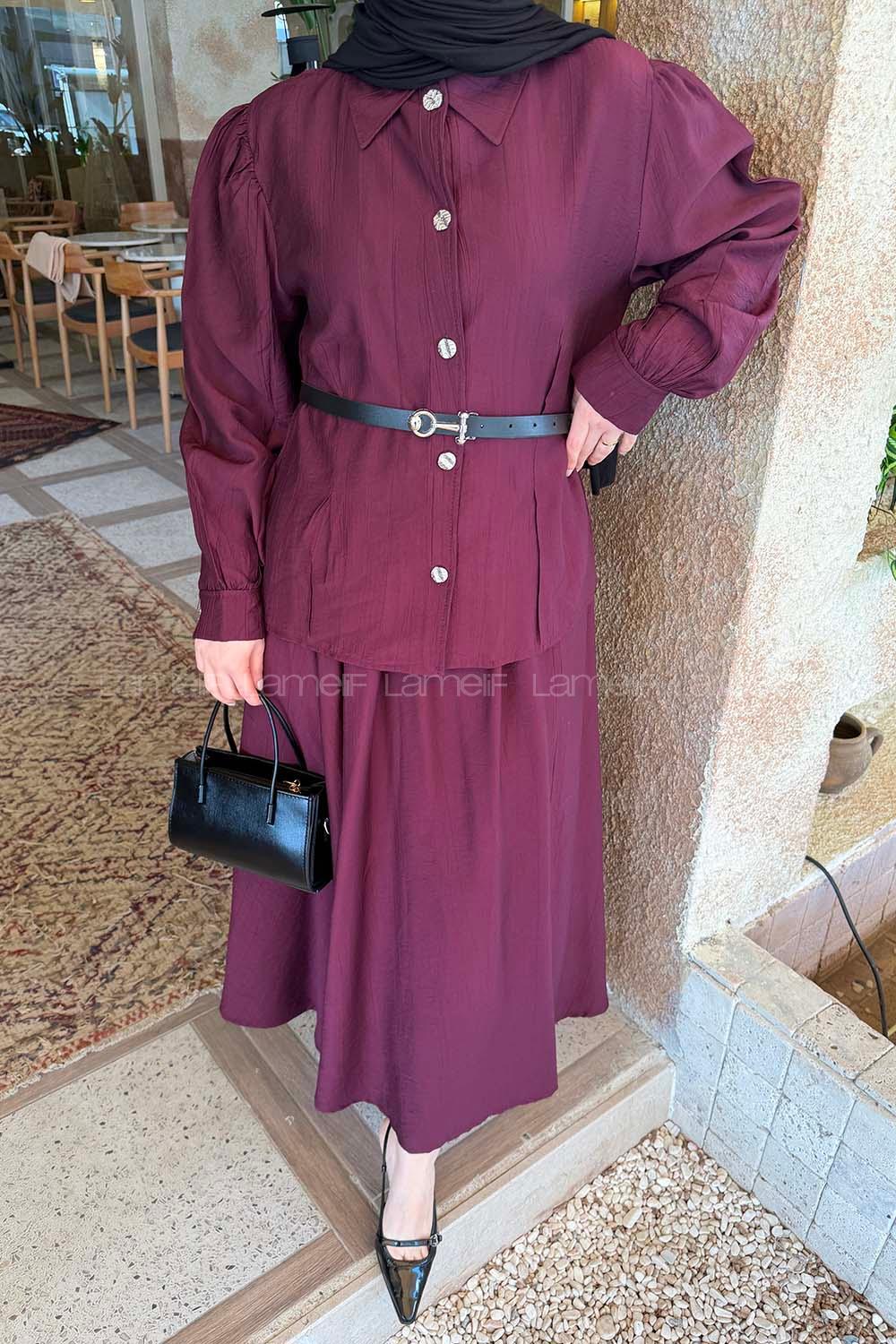 Lamelif Kemer Detaylı Etekli Takım Mürdüm