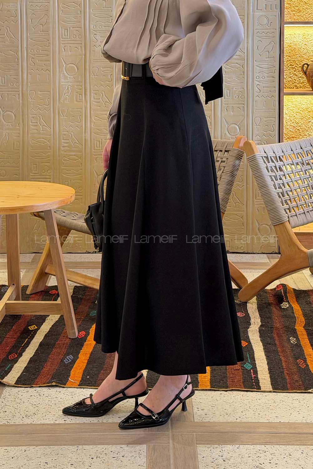 Black Viscose Fabric Polyester Flare Skirt