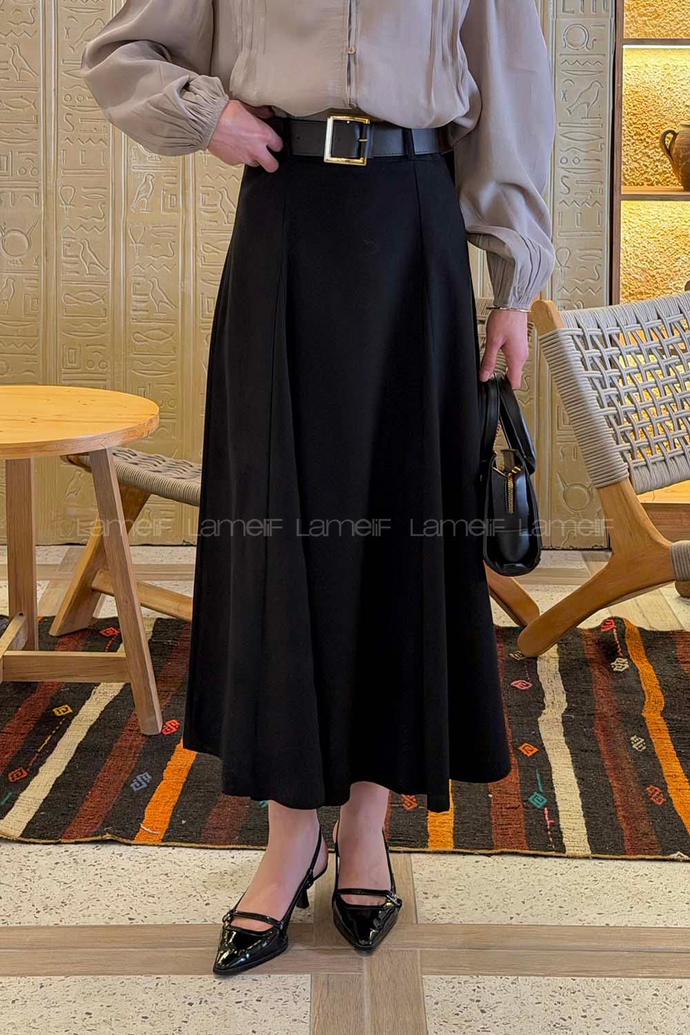 Black Viscose Fabric Polyester Flare Skirt