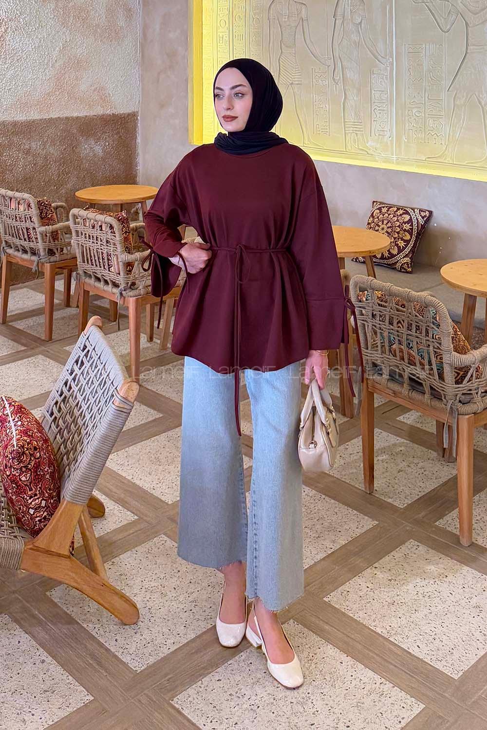 Lamelif Kol Biyeli Sweat Bordo