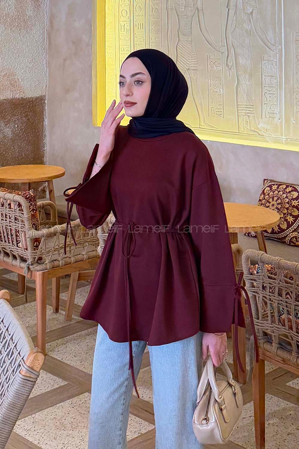 Lamelif Kol Biyeli Sweat Bordo