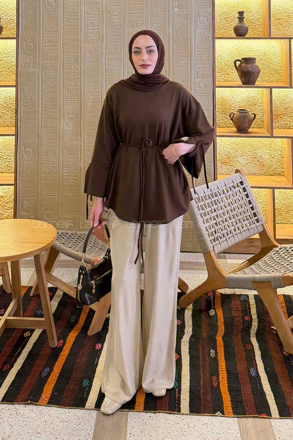 Lamelif Kol Biyeli Sweat Kahverengi