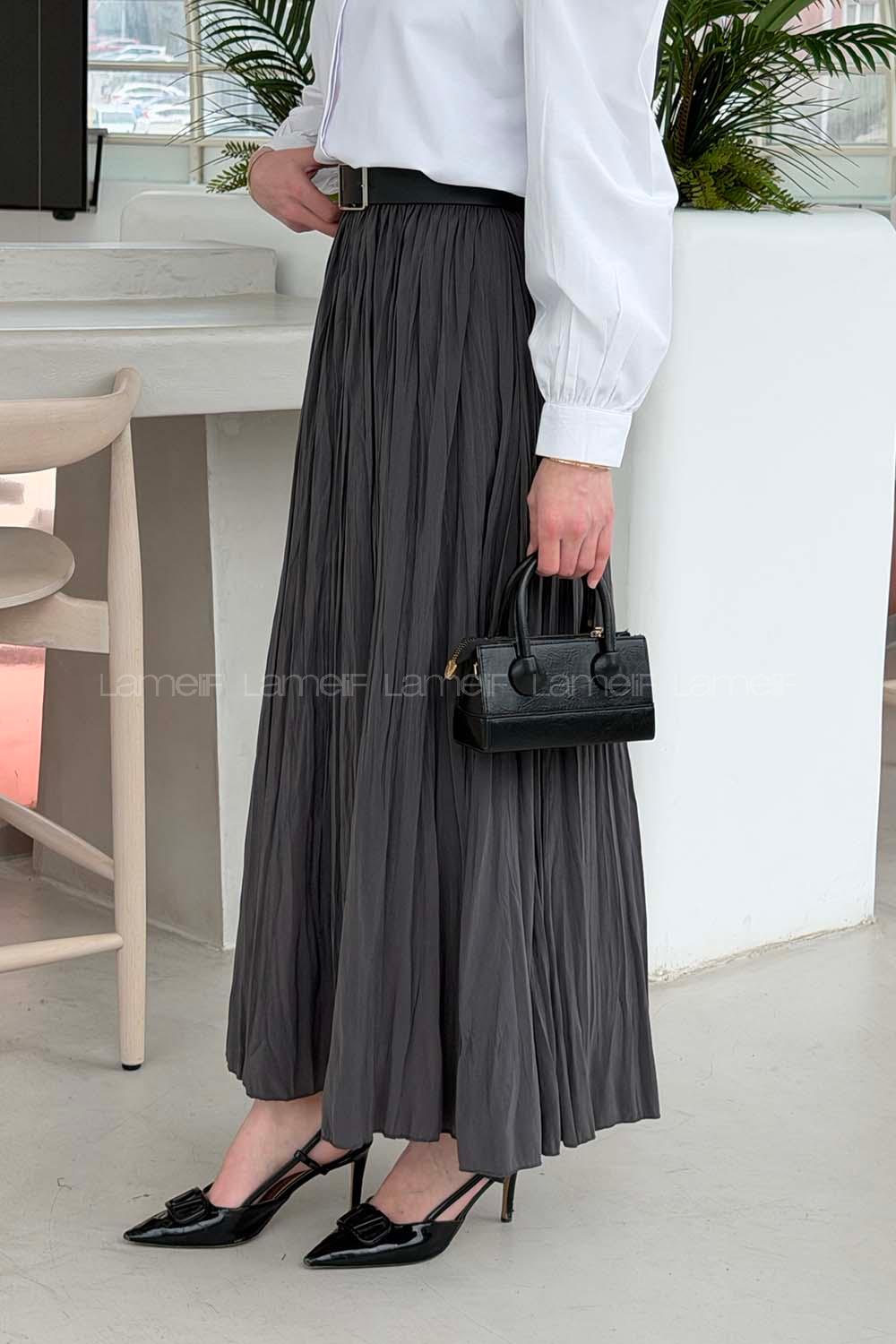 Lamelif Kraşlı Tesettür Etek Gri