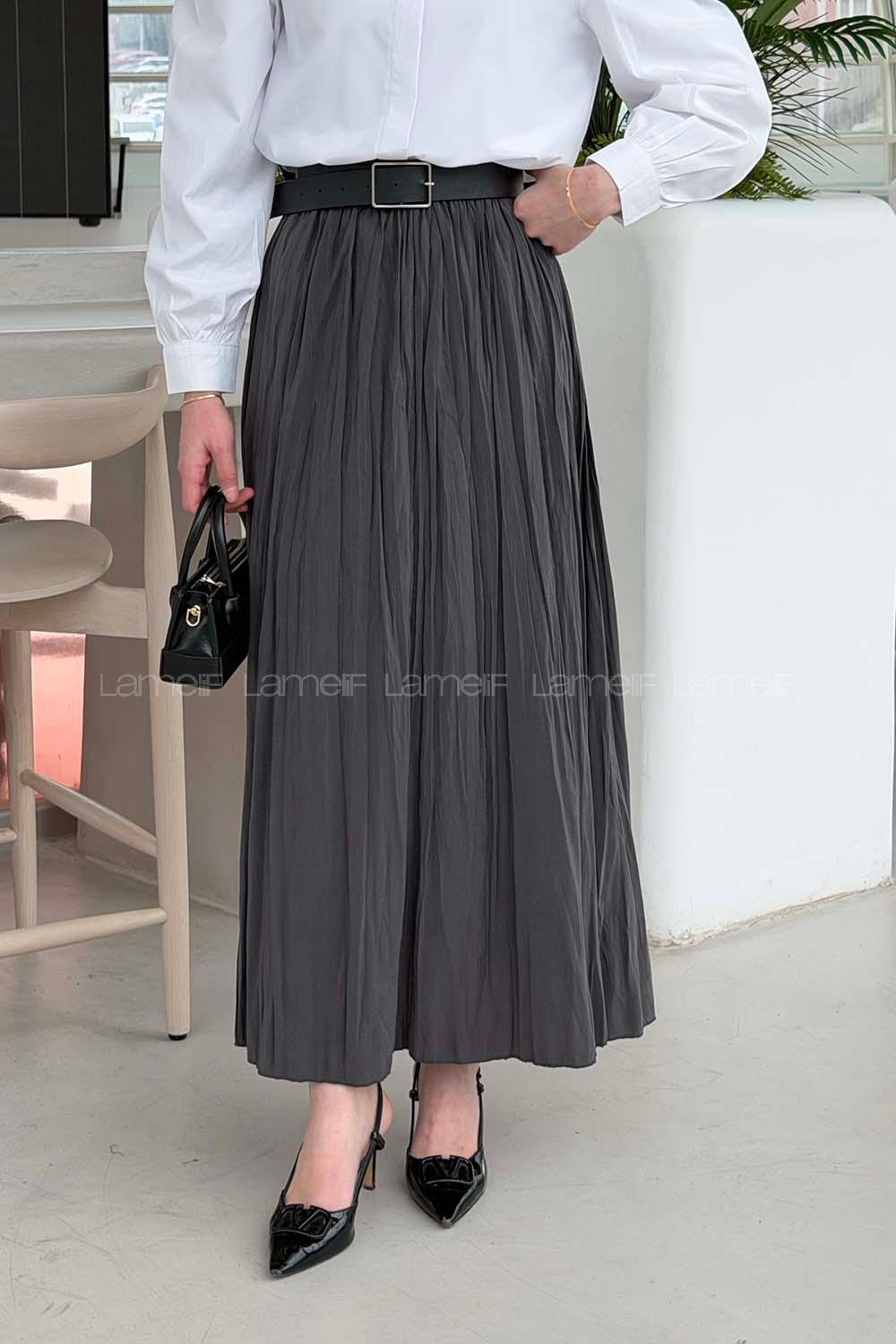 Lamelif Kraşlı Tesettür Etek Gri