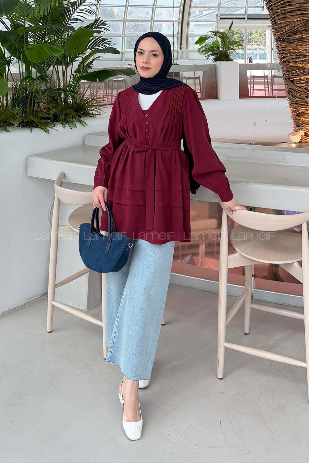 Lamelif Kuşaklı Gömlek Bordo