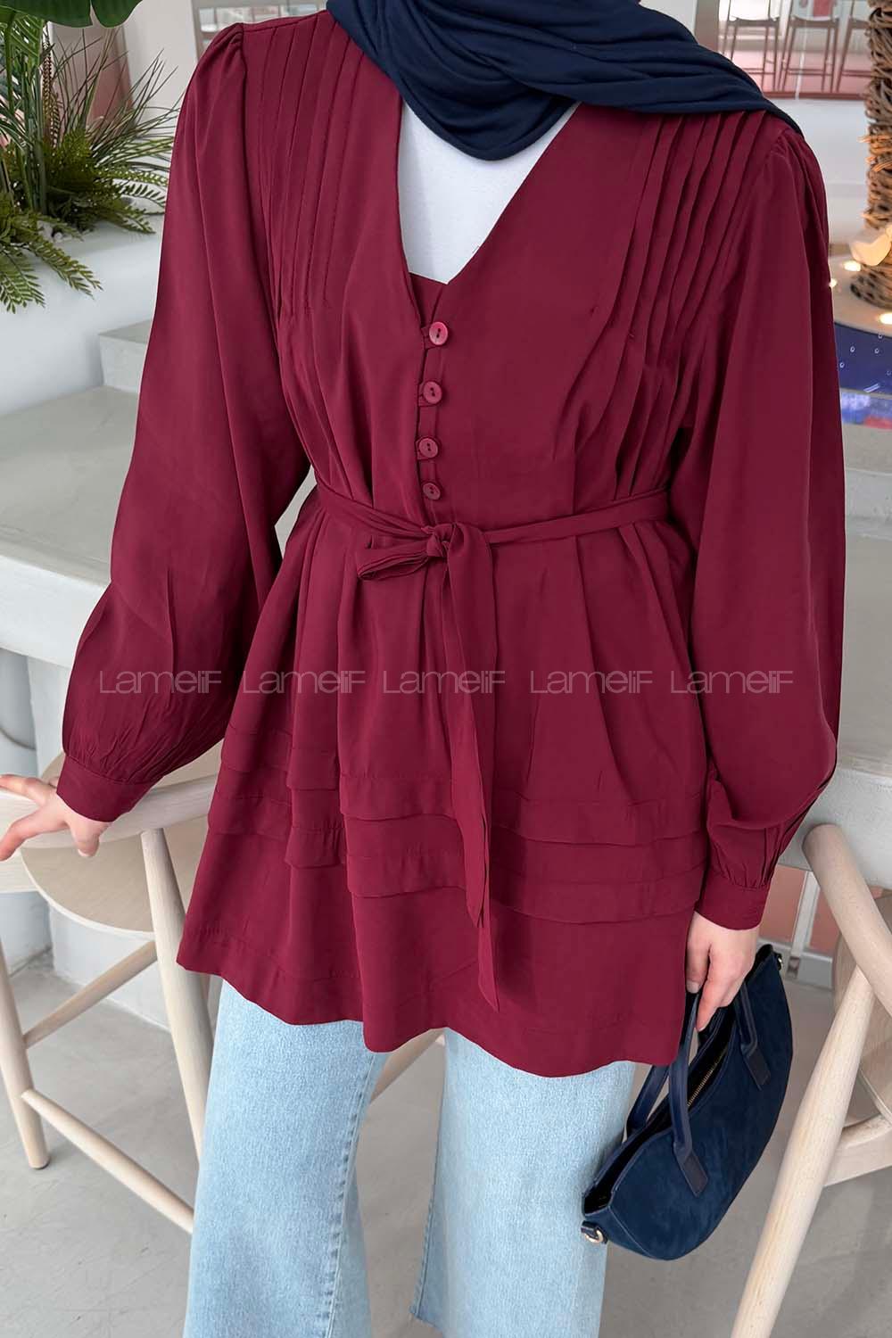 Lamelif Kuşaklı Gömlek Bordo