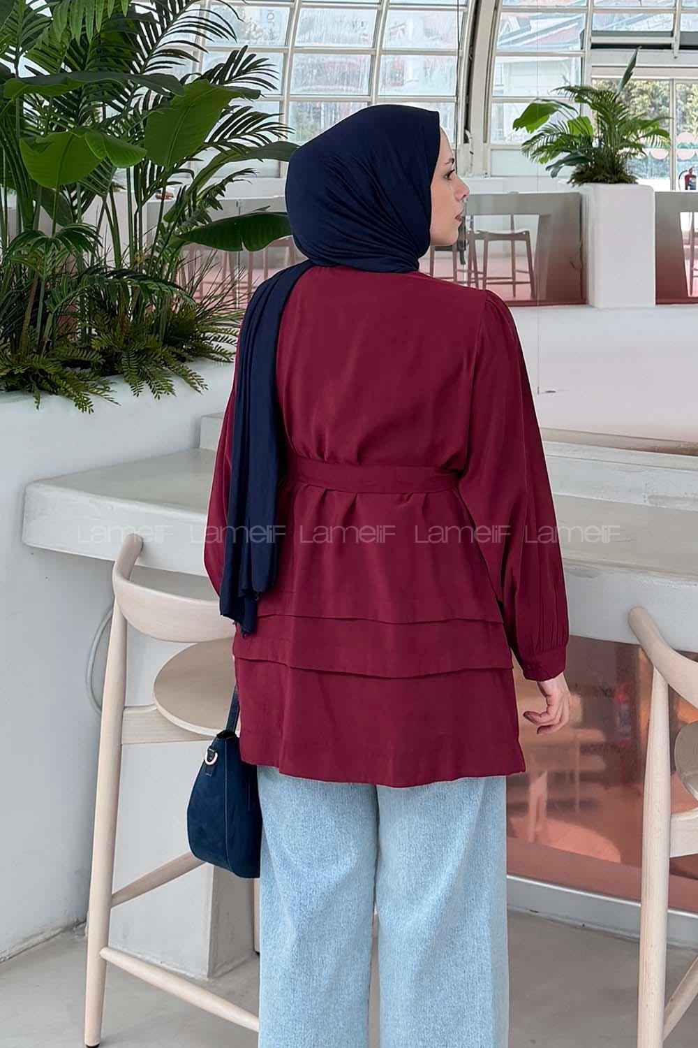 Lamelif Kuşaklı Gömlek Bordo