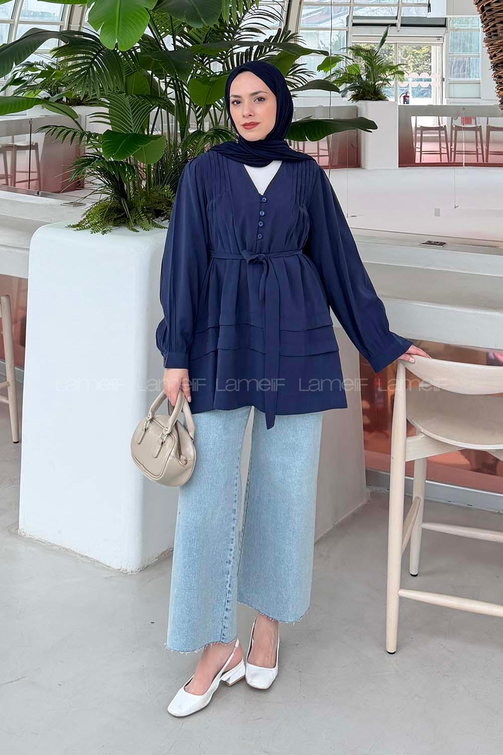 Lamelif Kuşaklı Gömlek Lacivert