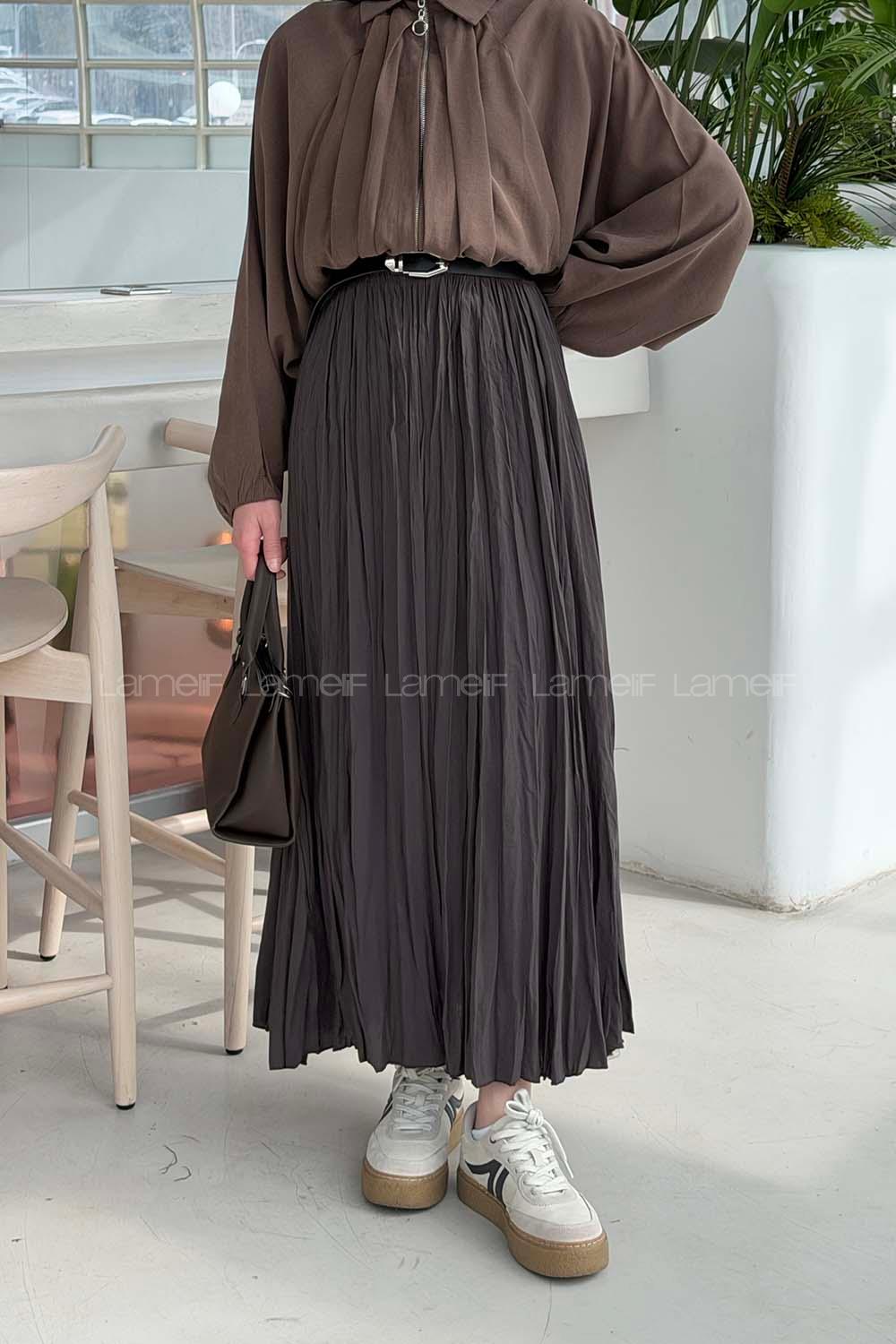 Lamelif Poplin Kraşlı Tesettür Etek Koyu Kahverengi