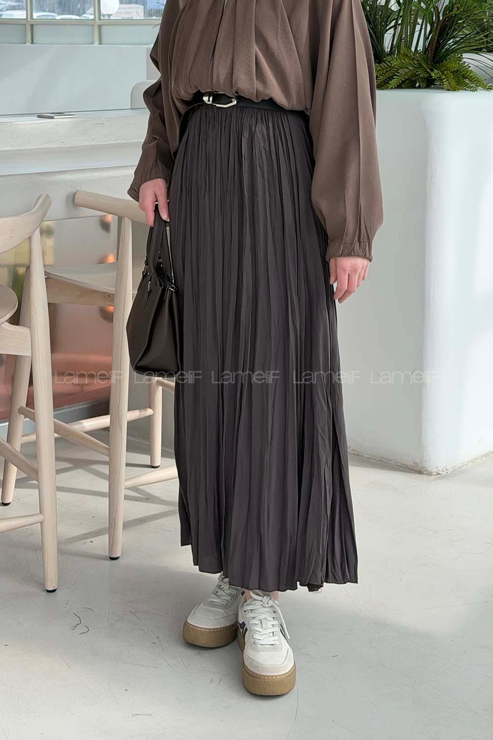 Lamelif Poplin Kraşlı Tesettür Etek Koyu Kahverengi