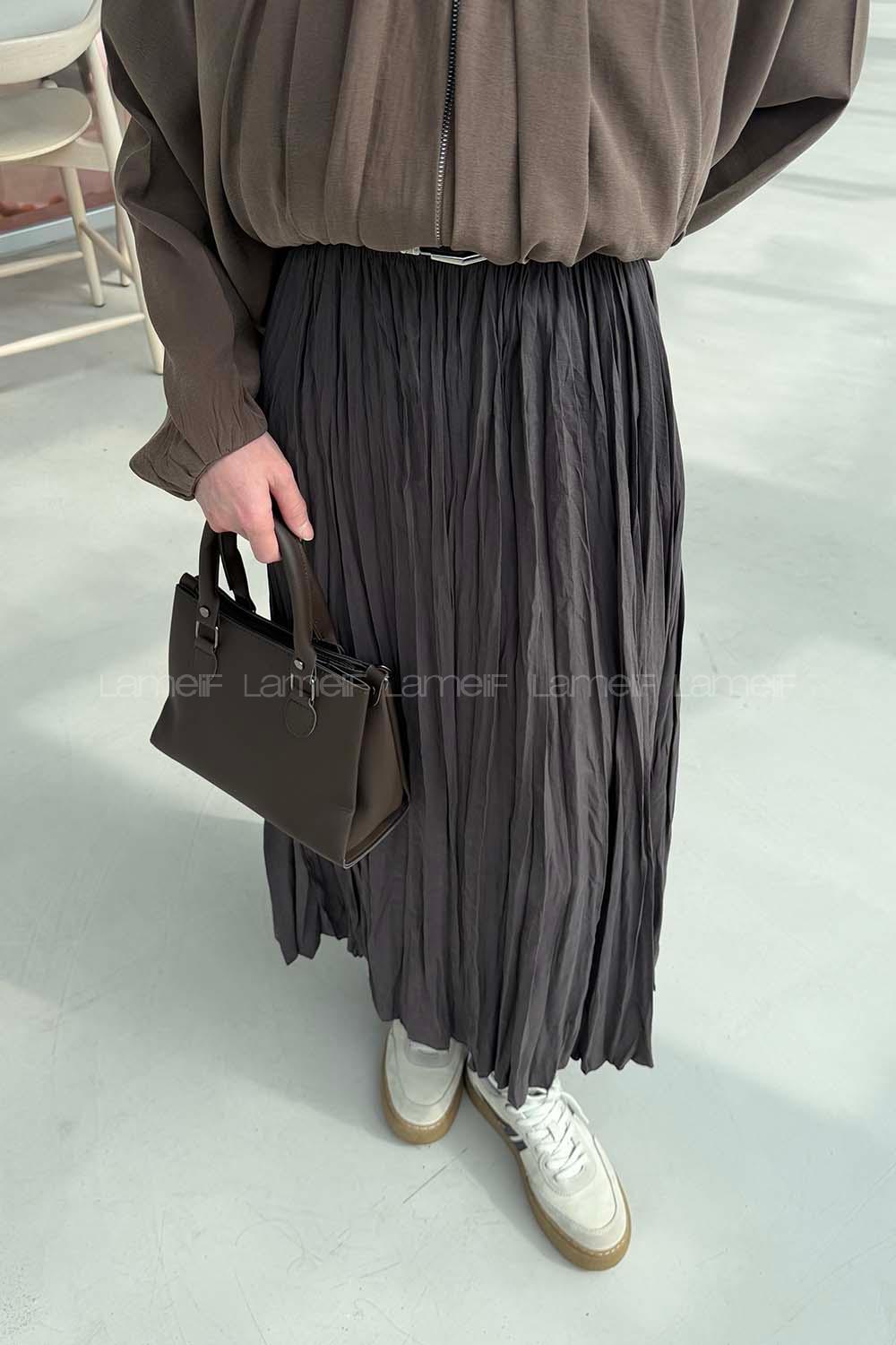 Lamelif Poplin Kraşlı Tesettür Etek Koyu Kahverengi