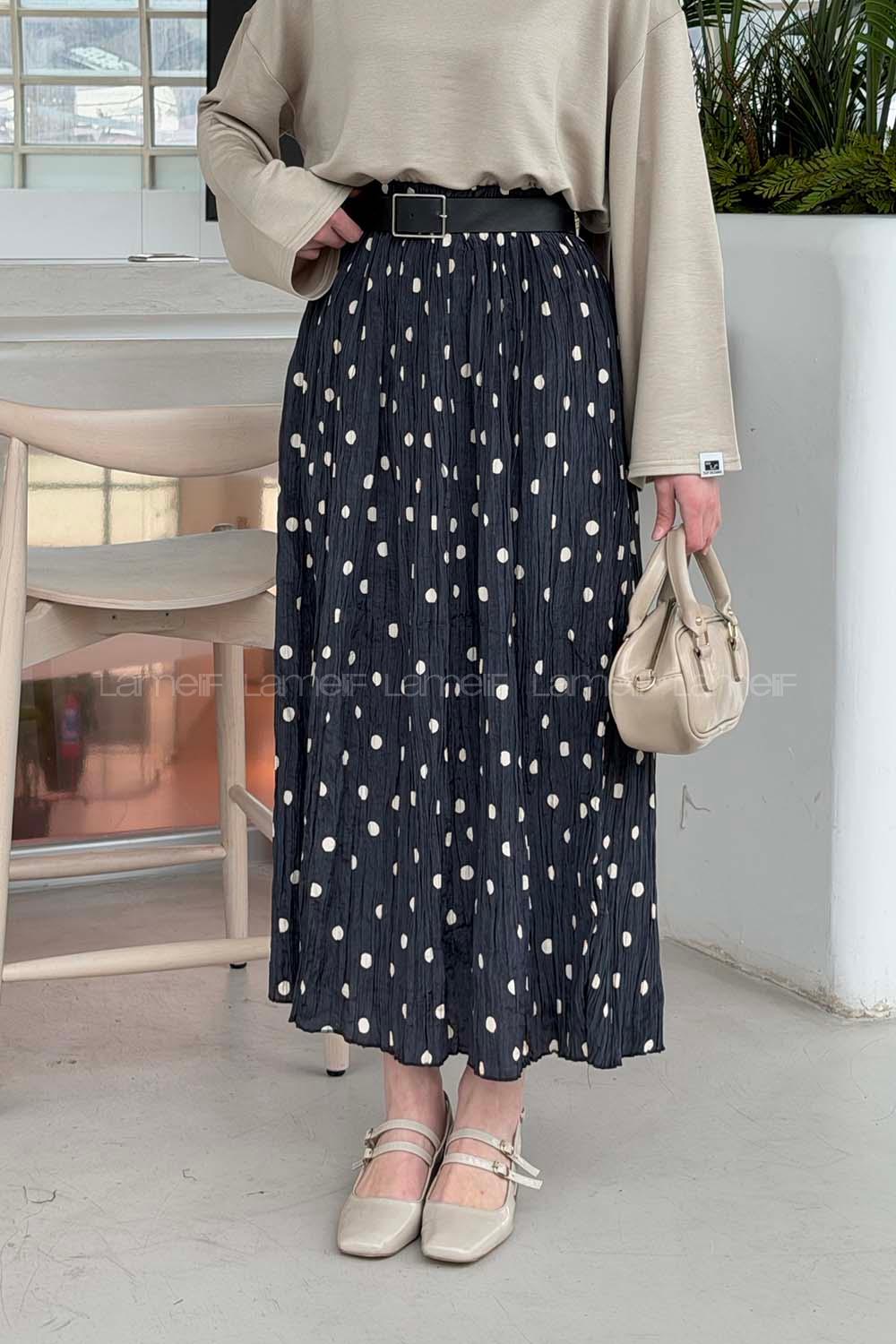 Lamelif Puantiyeli Etek Lacivert