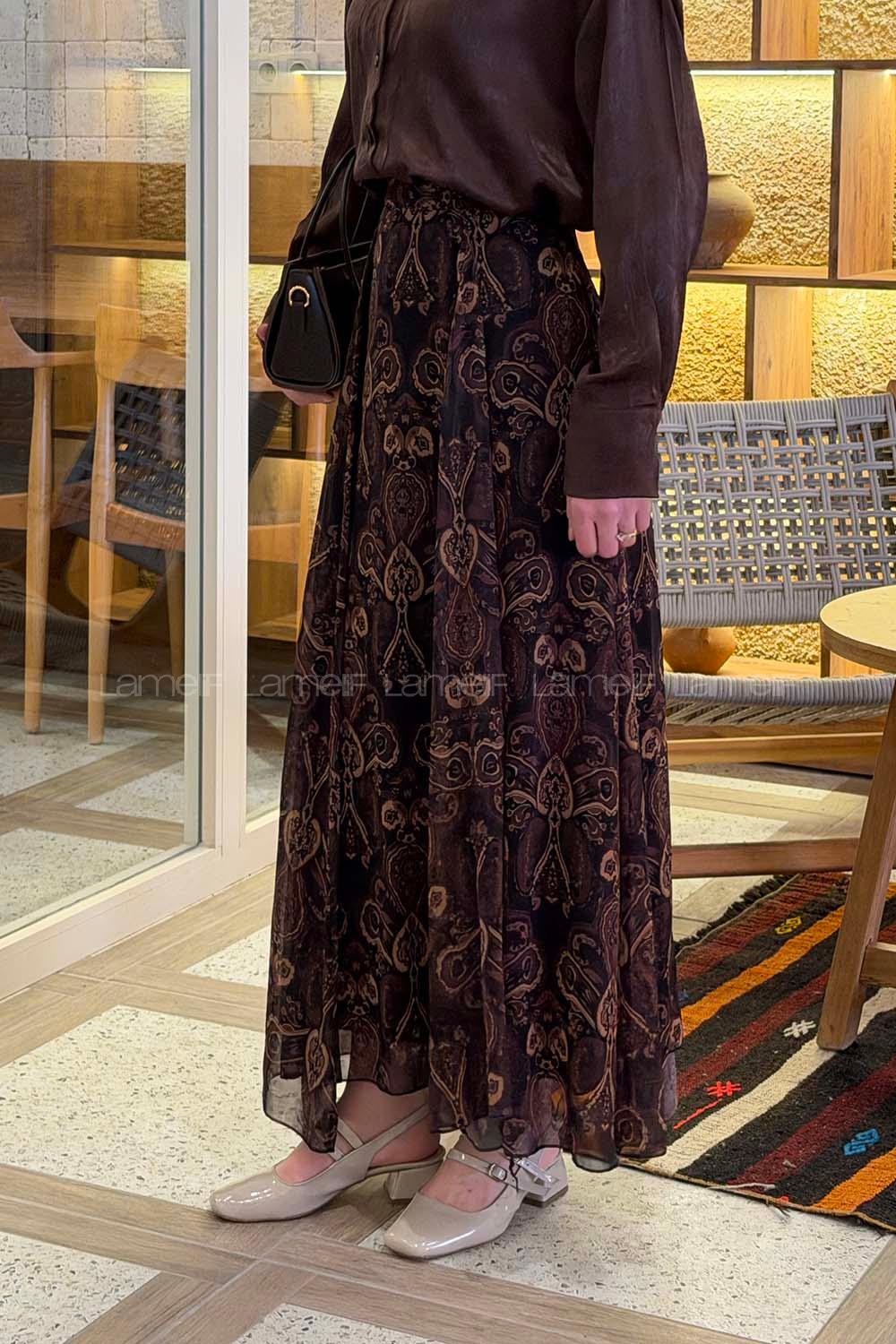 Lamelif Şifon Mevlana Etek Koyu Kahverengi