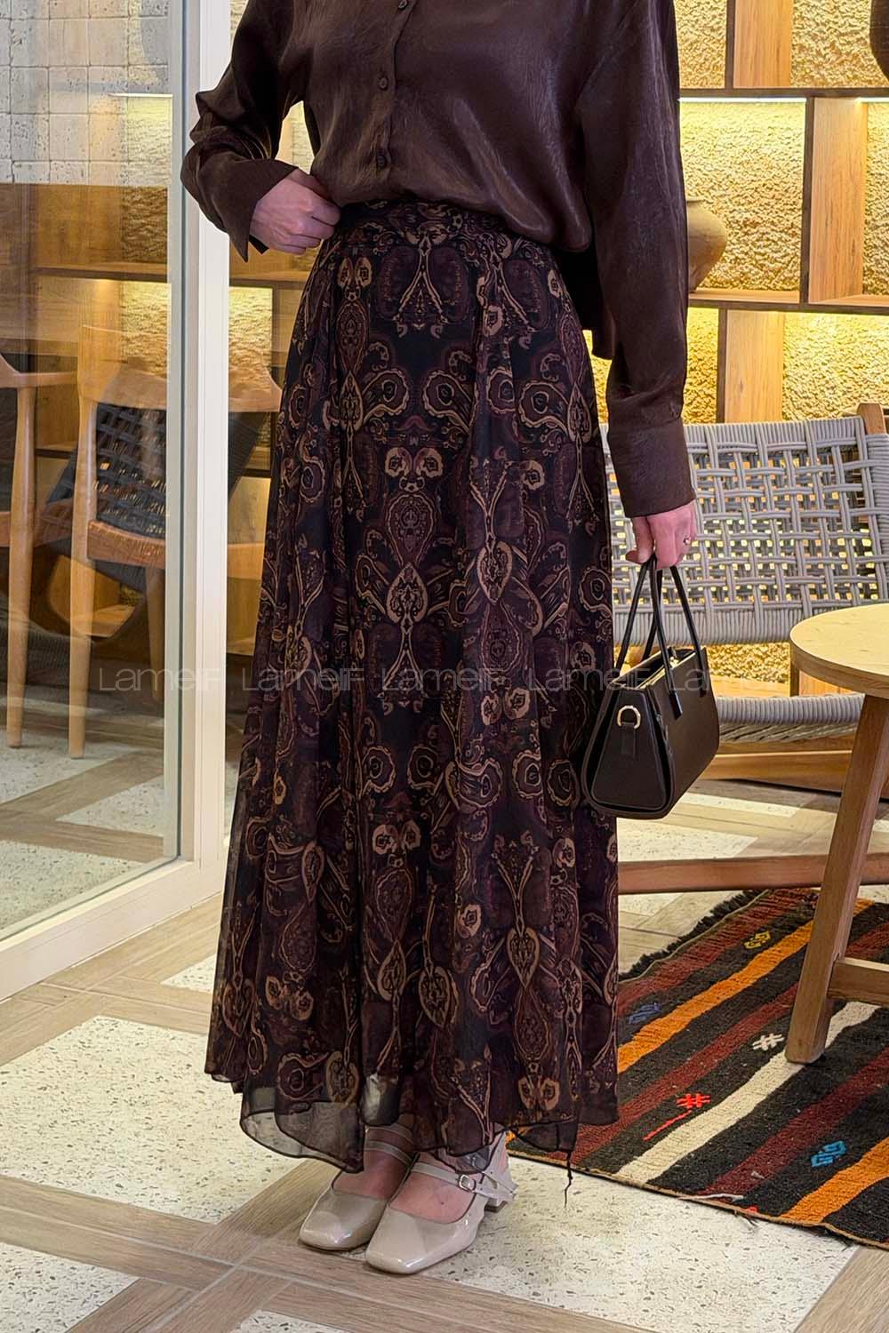 Lamelif Şifon Mevlana Etek Koyu Kahverengi