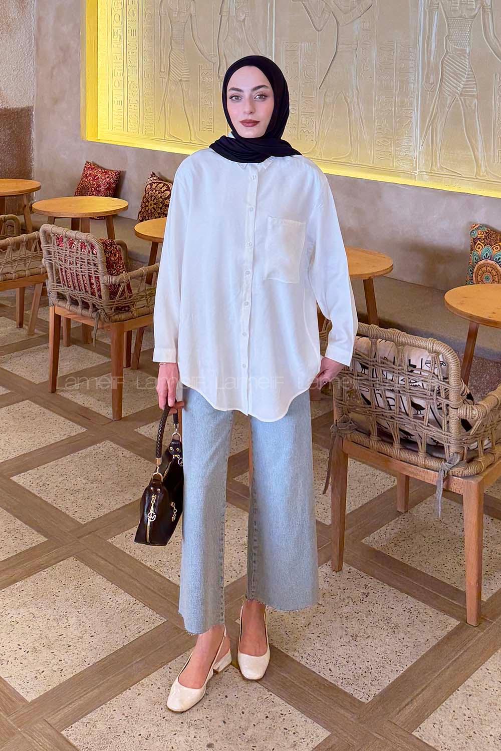 Lamelif Tek Cep Detaylı Çizgi Geçişli Gömlek Beyaz