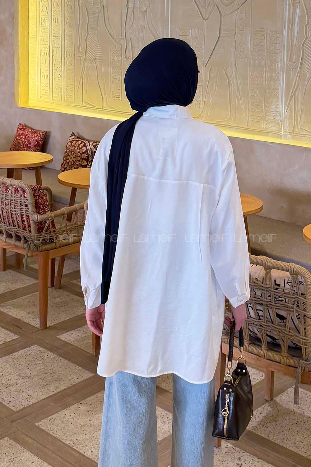 Lamelif Tek Cep Detaylı Çizgi Geçişli Gömlek Beyaz