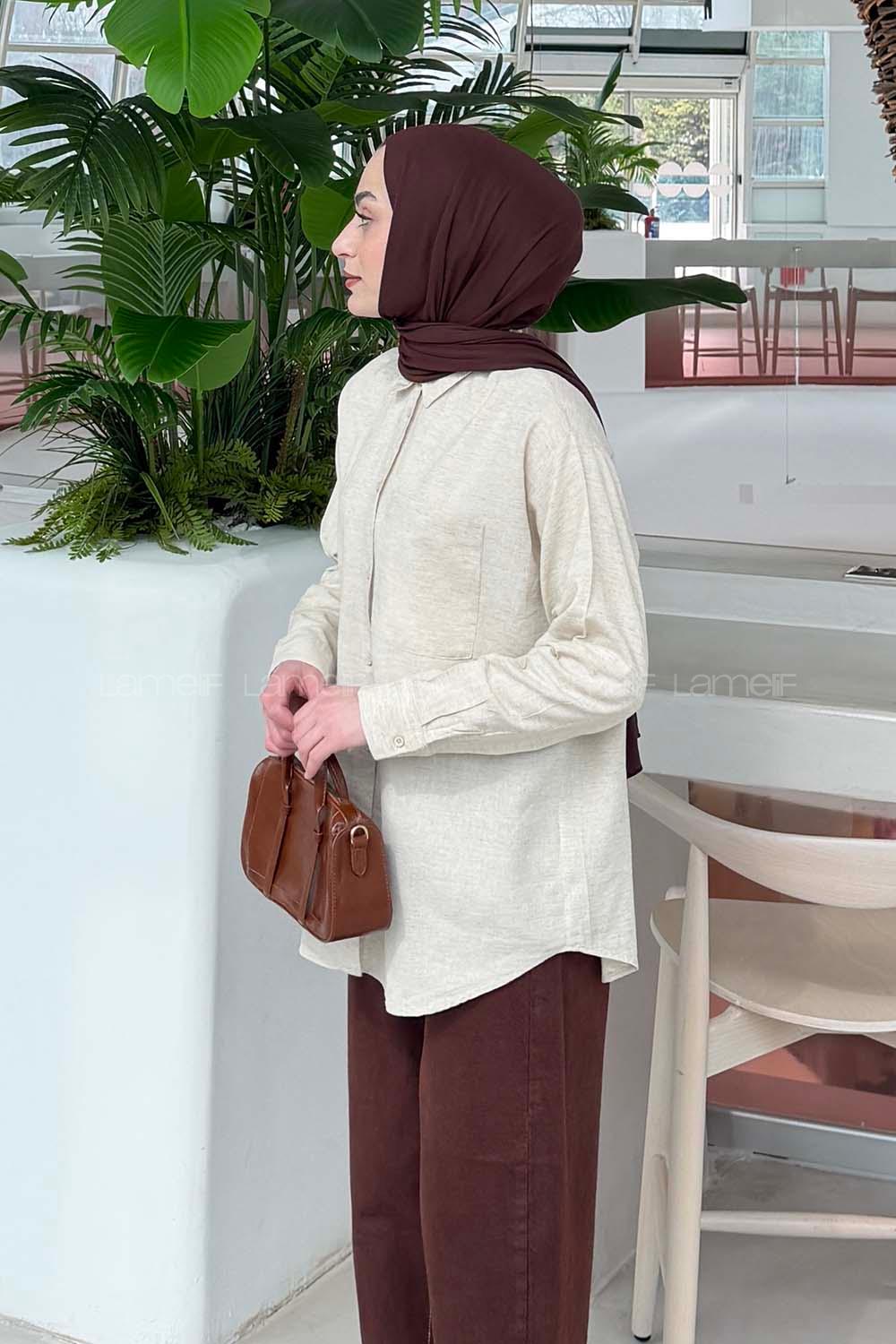 Beige Shirt Collar Long Arm Linen Unprinted Shirt