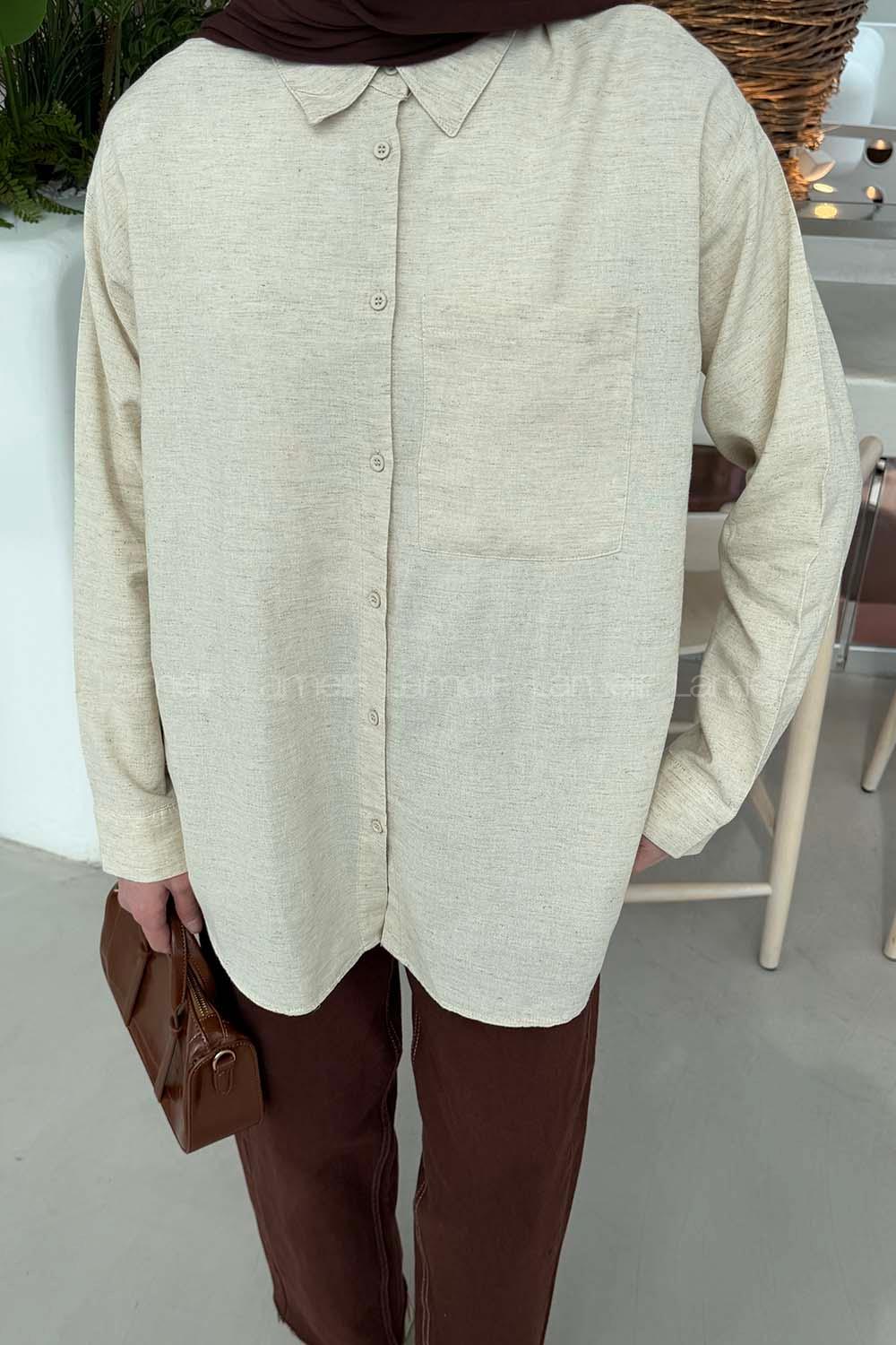 Beige Shirt Collar Long Arm Linen Unprinted Shirt