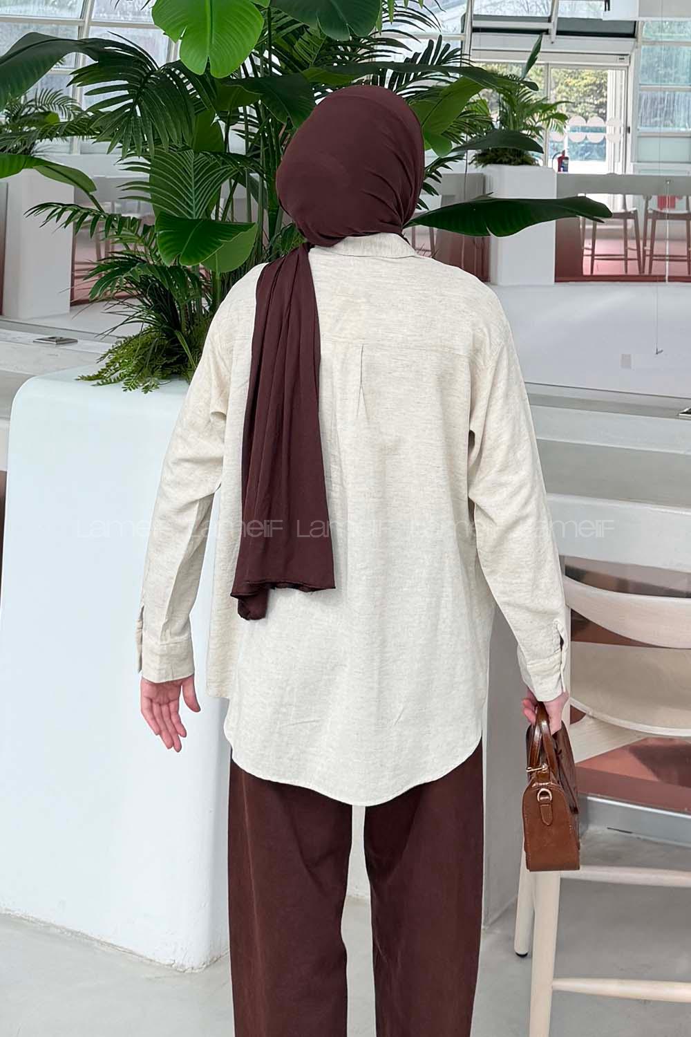 Beige Shirt Collar Long Arm Linen Unprinted Shirt