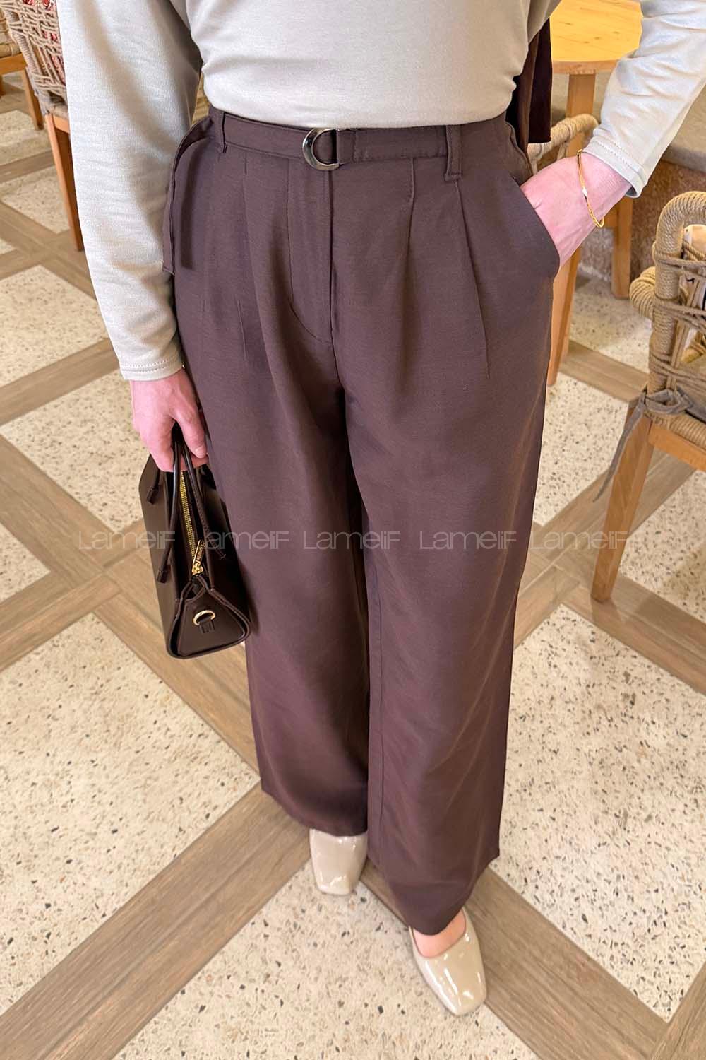 Lamelif Toka Detaylı Geniş Paça Pantolon Acı Kahve