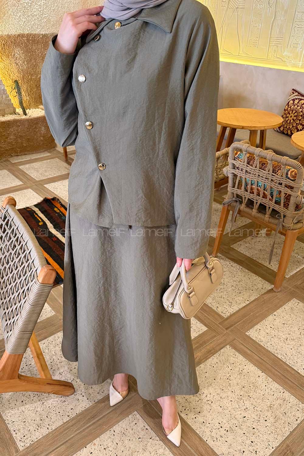 Lamelif Asimetrik Kapamalı Takım Asker Yeşili