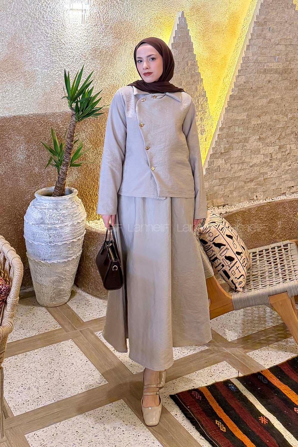 Lamelif Asimetrik Kapamalı Takım Taş Rengi