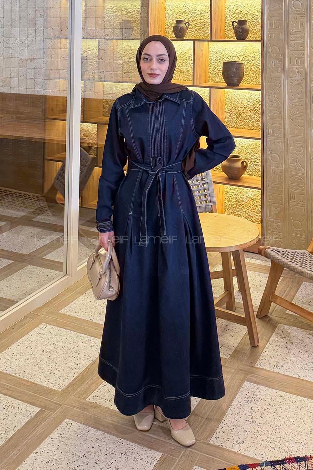 Lamelif Bağlama Detaylı Kot Elbise Koyu Mavi