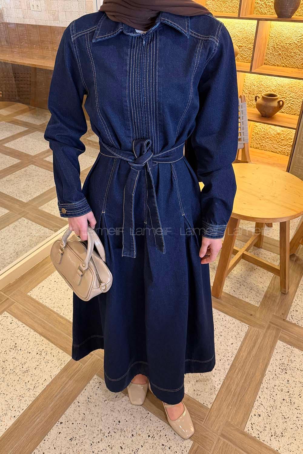 Lamelif Bağlama Detaylı Kot Elbise Koyu Mavi