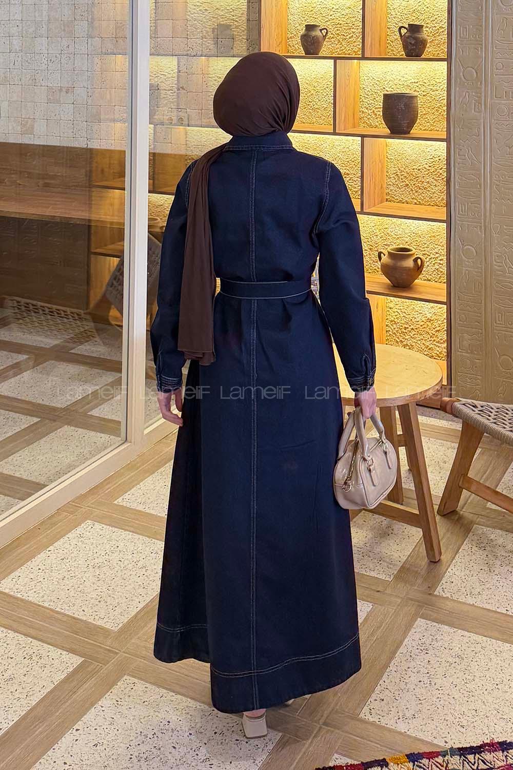 Lamelif Bağlama Detaylı Kot Elbise Koyu Mavi