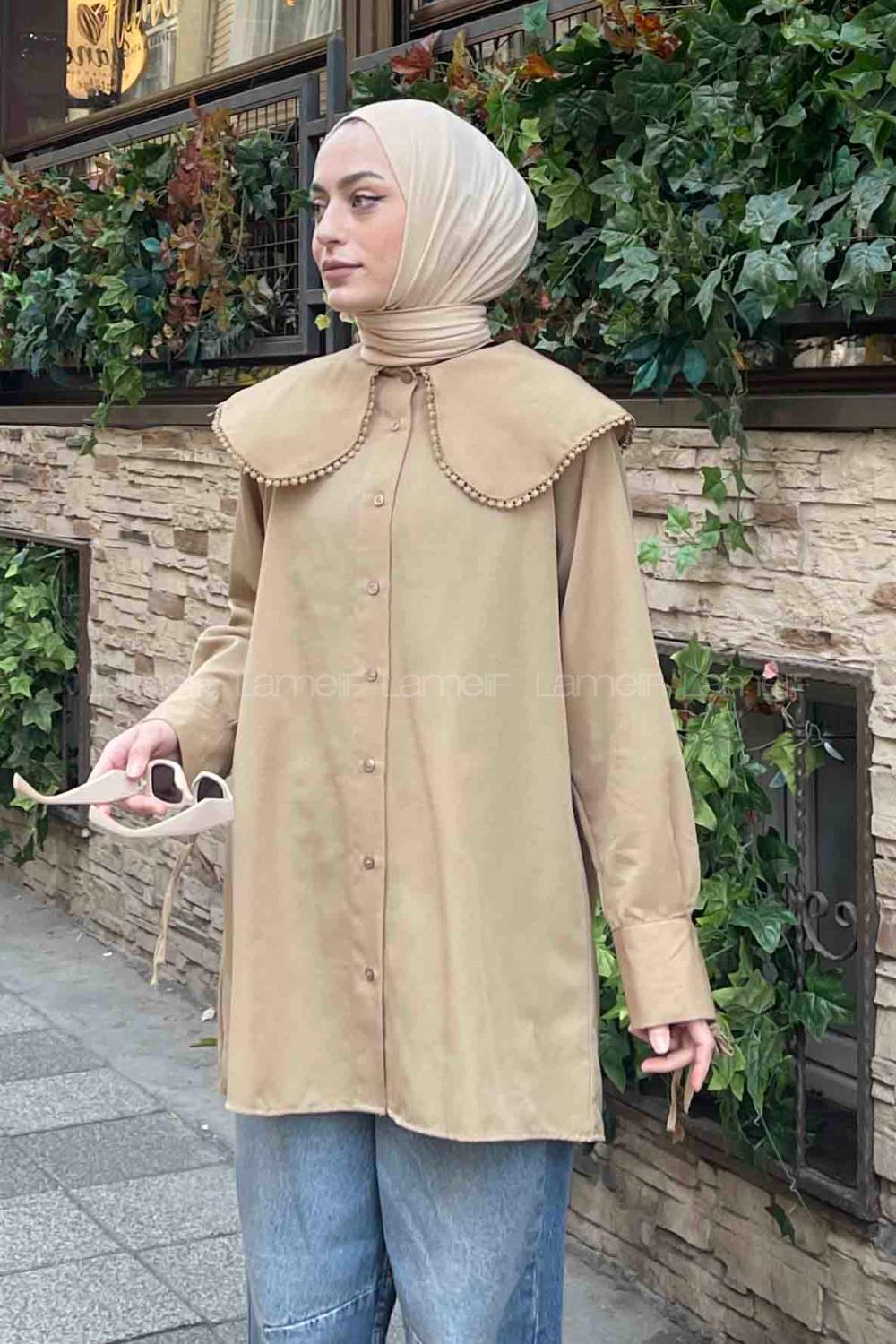 Lamelif Bebe Yaka Dantel Detaylı Gömlek Bej