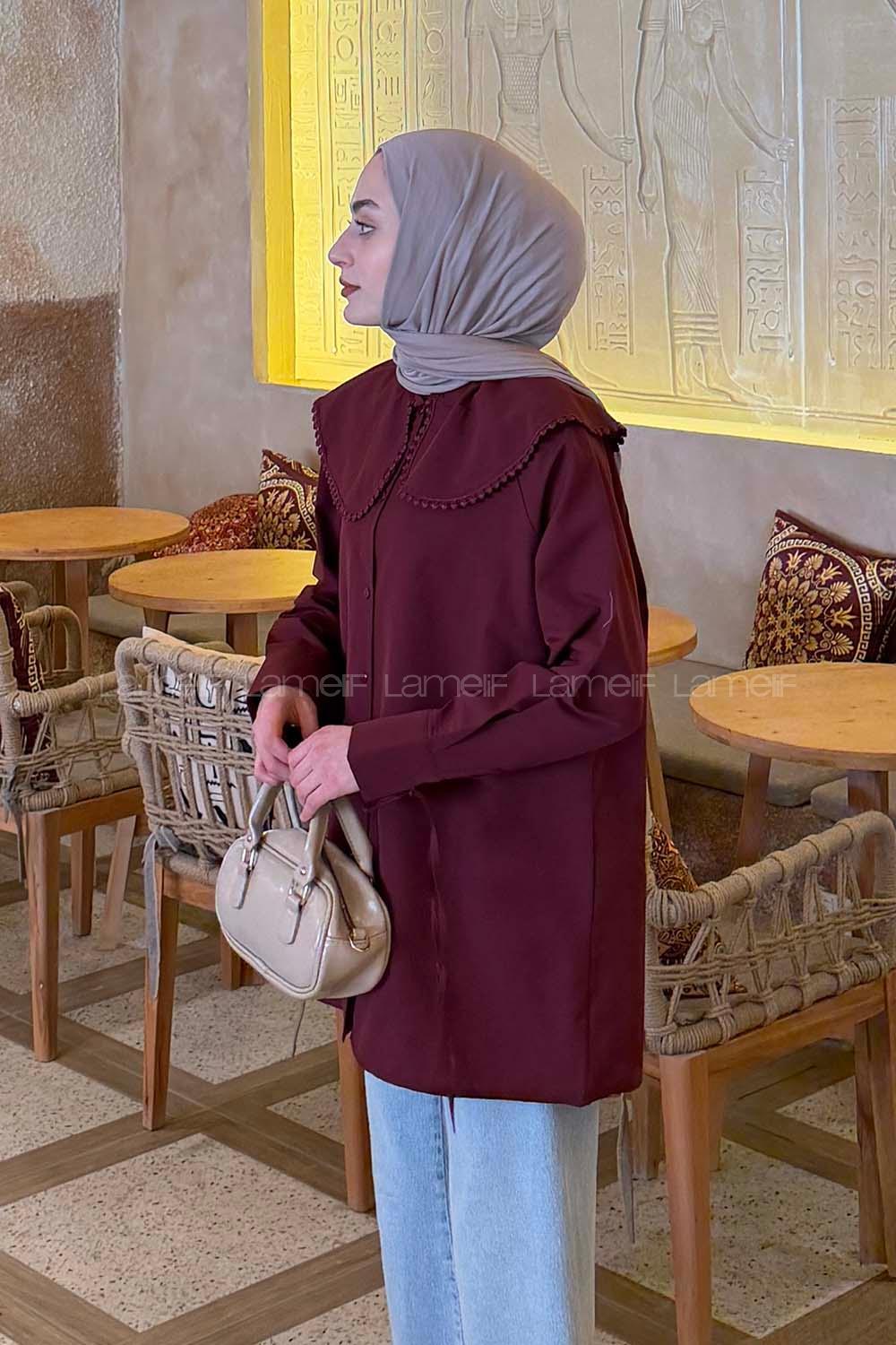 Lamelif Bebe Yaka Dantel Detaylı Gömlek Bordo