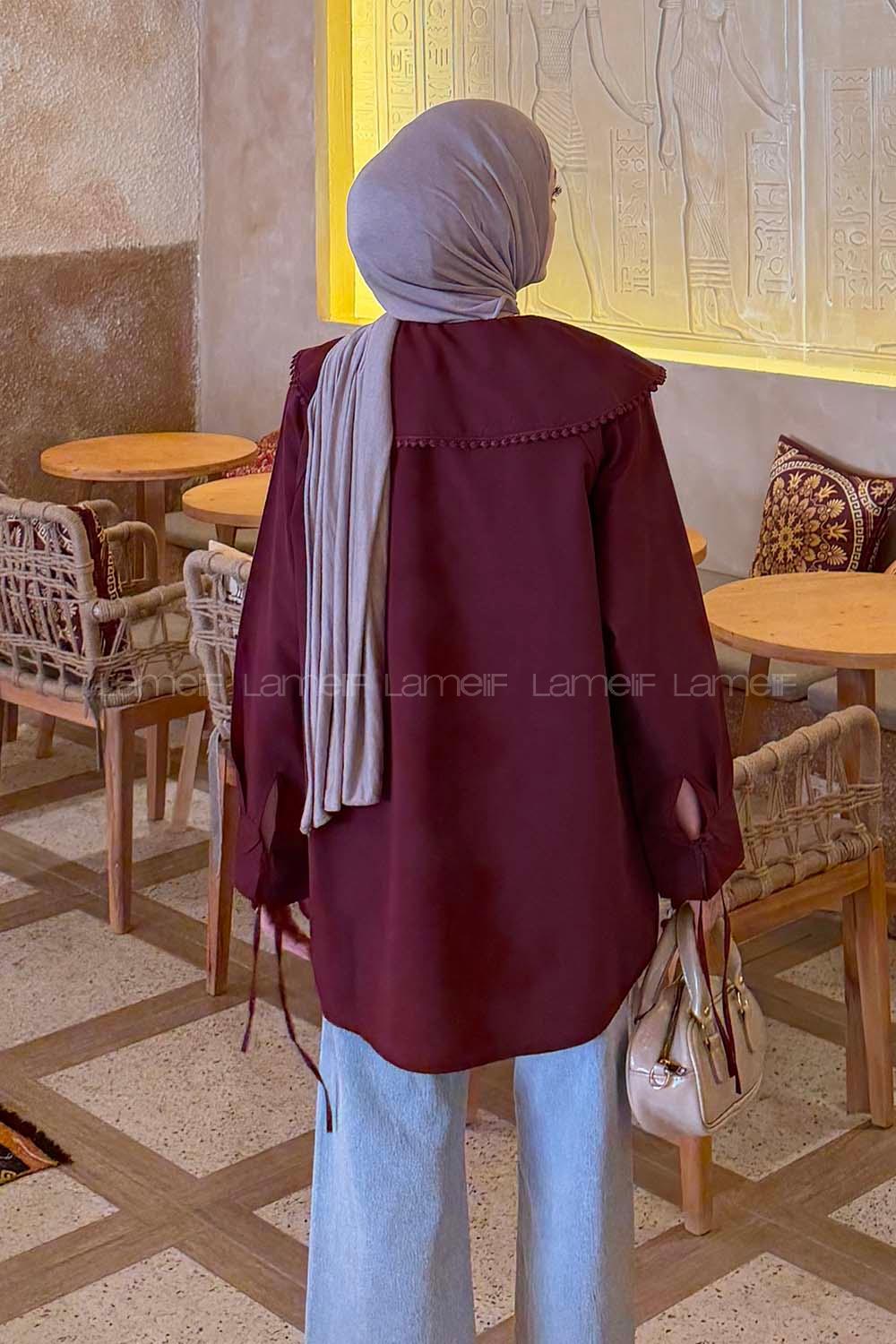 Lamelif Bebe Yaka Dantel Detaylı Gömlek Bordo