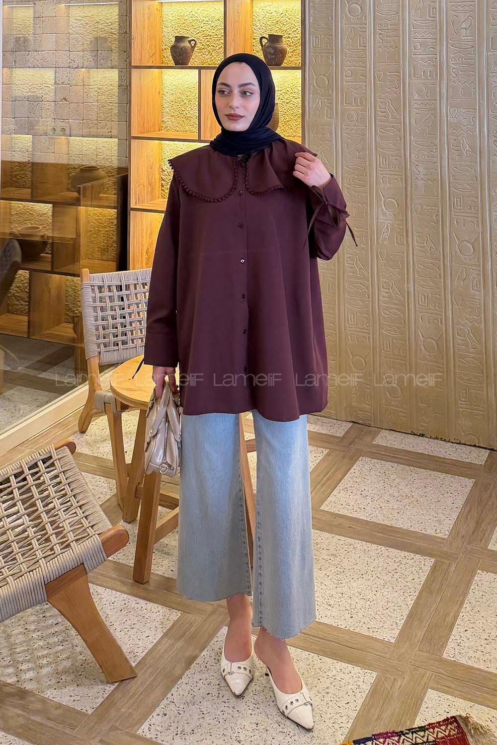 Lamelif Bebe Yaka Dantel Detaylı Gömlek Mürdüm