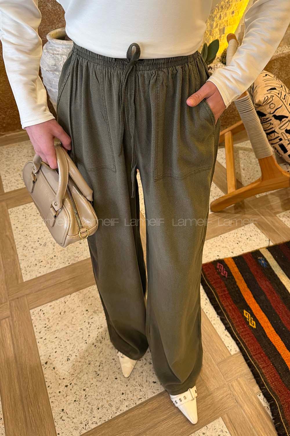 Khaki Viscose Fabric High Waist Comfortable Pants
