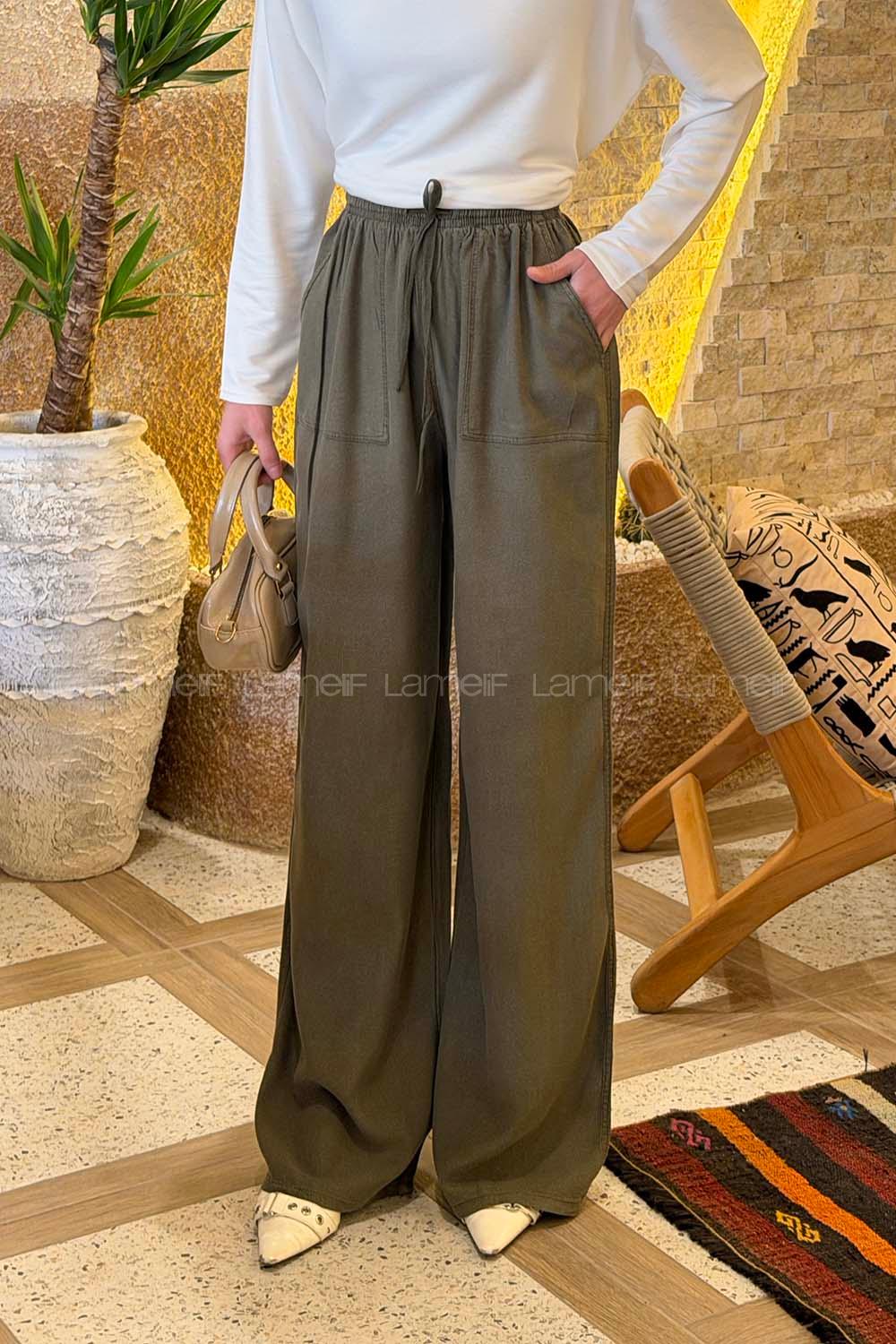 Khaki Viscose Fabric High Waist Comfortable Pants