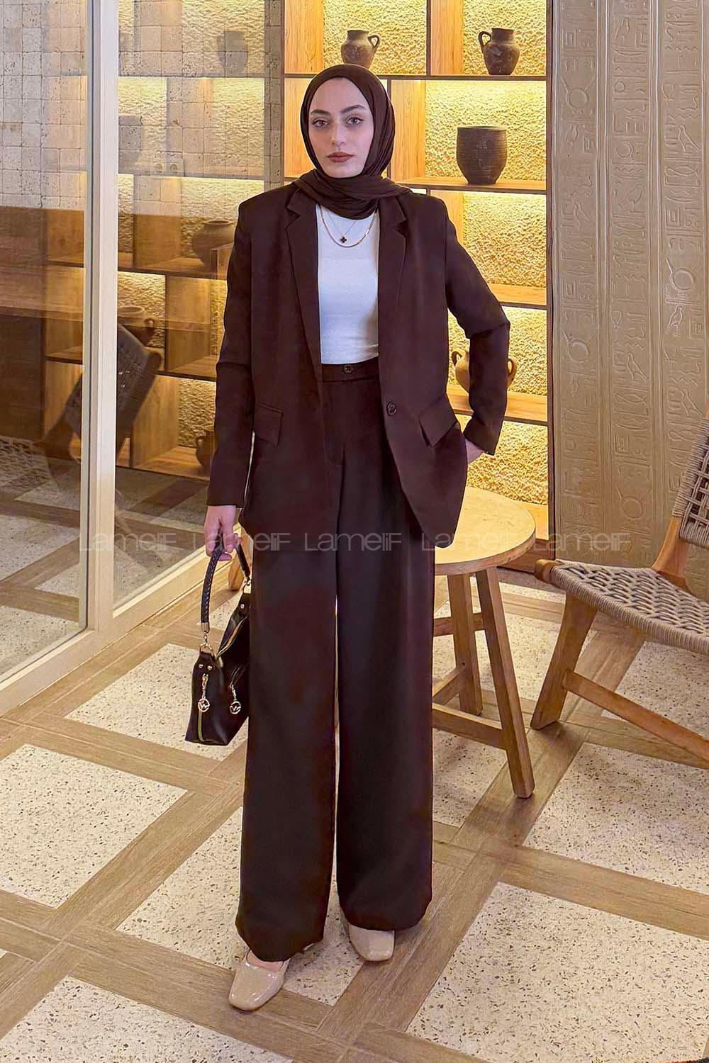Bitter Brown V Neck Long Arm Viscose Fabric Regular Trousers Material Suit