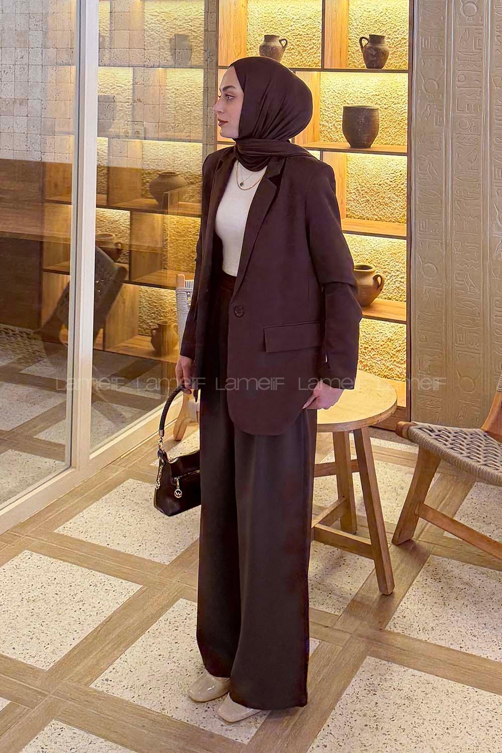Bitter Brown V Neck Long Arm Viscose Fabric Regular Trousers Material Suit