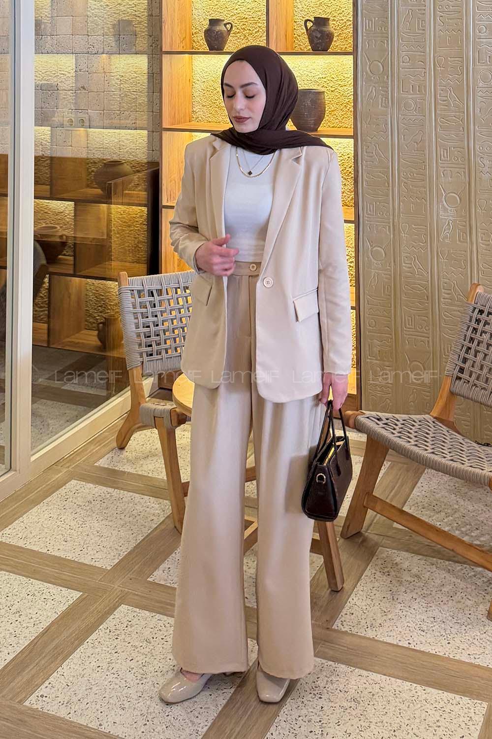 Lamelif Ceket-Pantolon Takım Krem