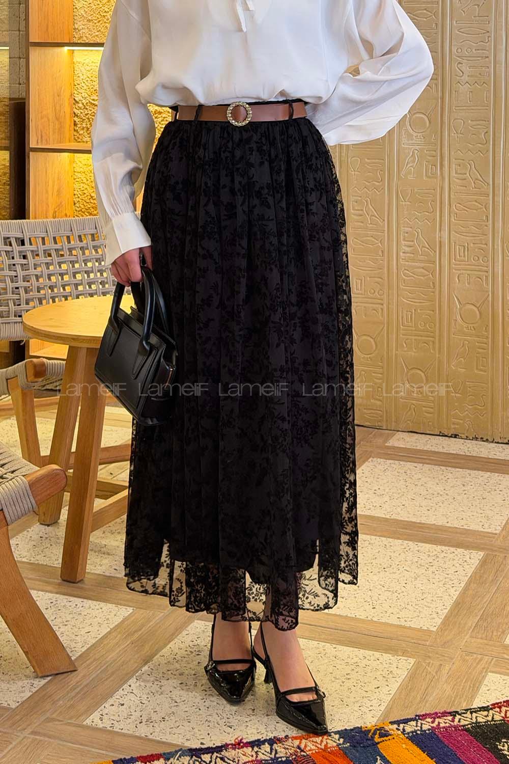 Lamelif Çiçek Baskılı Kemerli Etek Siyah