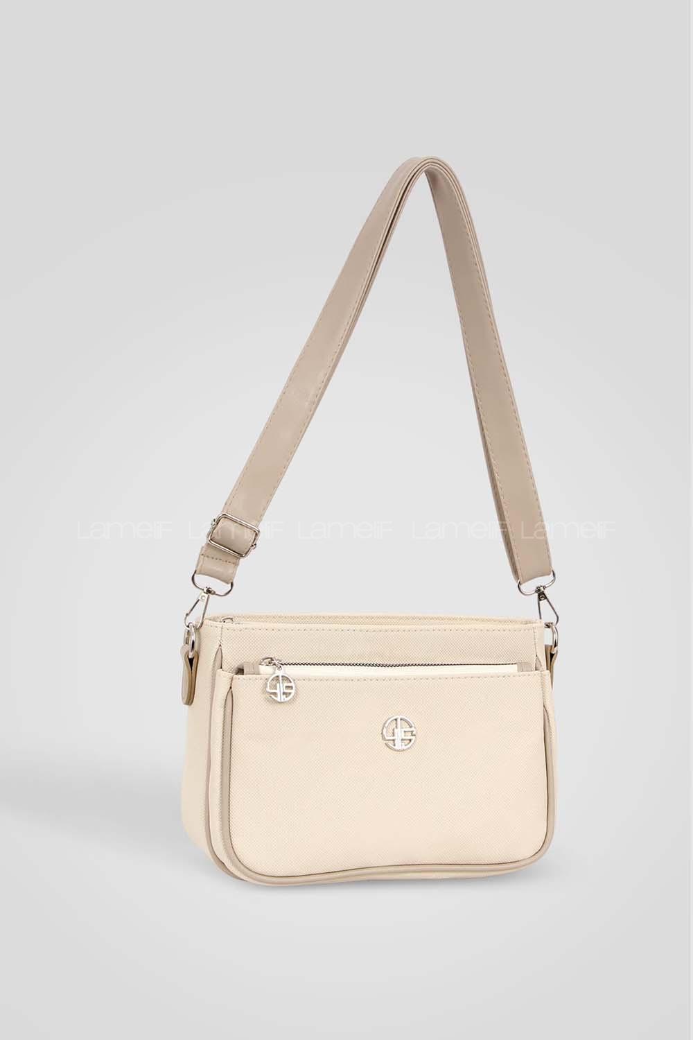 Lamelif Çok Bölmeli Bayan Çapraz Çanta Krem